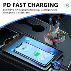 FM Transmitter Bluetooth for Car, Bluetooth Car Radio Adapter, Bluetooth Adapter Car Charger, for 2 USB and Type-C, Supports Hands-Free Call, TF Card, U Disk, Ambient Light