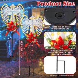 Baquler 2 Pack Christmas Solar Cross Wings Stake Lights 32" Christmas Cemetery Grave Decorations with Poinsettia for Xmas Cemetery Memorial Outdoor Yard Pathway Garden Lawn Decorations
