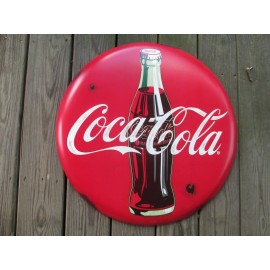 Open Roads Coca-Cola Rustic 24 Inch Red Disc Button Sign Contour Bottle Script Logo