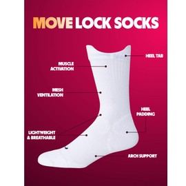 Move Compression Lock Socks - Basketball Sports Crew socks with Shock Absorption, Anti-Blister, Moisture Wicking-25-35mmHG (US, Medium, White)