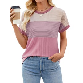 Cakrisyal Womens Color Block Fashion Short Sleeve Crewneck Knitted Spring Summer Casual Loose T Shirts Tops Pink M