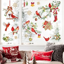 wondever Cardinal Christmas Window Clings Red Bird Tree Branch Glass Sticker Decal Anti Collision Double-Side Static Christmas Window Decals for Xmas Home Party Glass