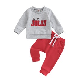 Muasaaluxi Toddler Baby Boy Christmas Outfit Jolly Crewneck Sweatshirt Sweater Jogger Pants Fall Winter Clothes 0-3T (Grey+Red, 6-12 Months)