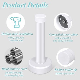 White Door Stoppers - 3.5 Inch Stainless Steel Modern Doorstops with Sound Dampening Tips, Wall Mounted Baseboard Door Stop, 2 Pack