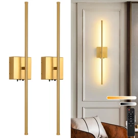 Battery Operated Wall Sconces set of 2, 11000mAh Wireless Rechargeable Gold Wall Lights with Remote Control, 350°Rotate Dimmable Wall Lamp, 3 Color Temperatures, for Bedroom, Living Room, Hallway