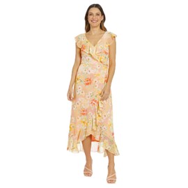 London Times Women's Ruffle WRAP Maxi, Sunrise Floral-Snapdragon