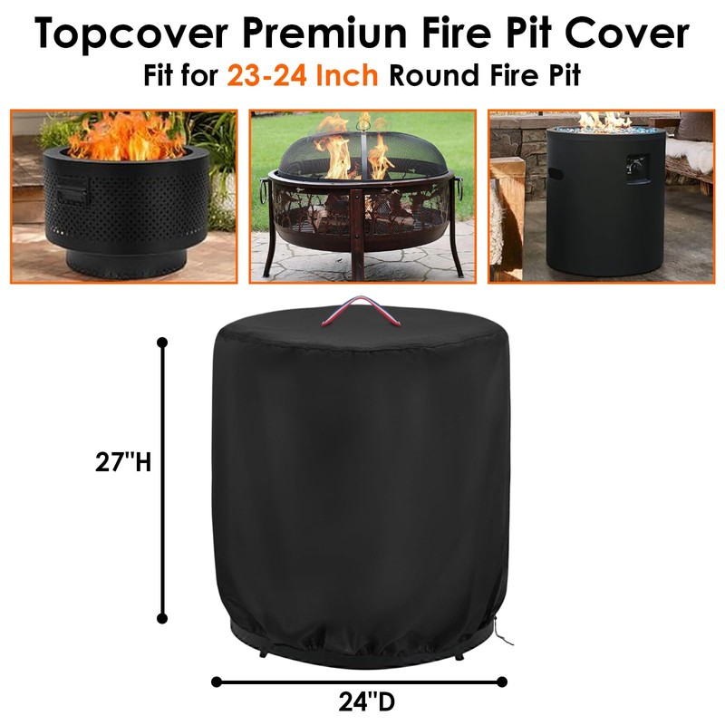 Topcover Round Fire Pit Cover,24 Inch 600D Waterproof Outdoor Propane