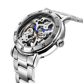 Alienwork IK Automatic Watch Men Women Skeleton Glass Base, Silver/silver/silver movement/metal strap silver, Bracelet