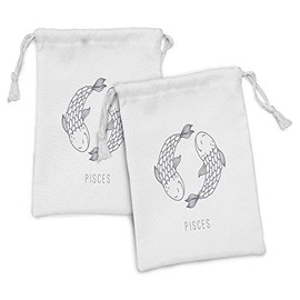 Lunarable Zodiac Pisces Fabric Pouch Set of 2, Marine Life Fish Doodle with Scales Pattern Astrology Themed Illustration, Small Drawstring Bag for Toiletries Masks and Favors, 9" x 6", Bluegrey White