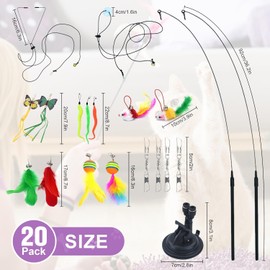 RETZLA 20PCS Feather Teaser Cat Toy Set with 1 Suction Cup & 2 Wands, Including 3 Caterpillar Toys for Interactive Indoor Play and Exercise