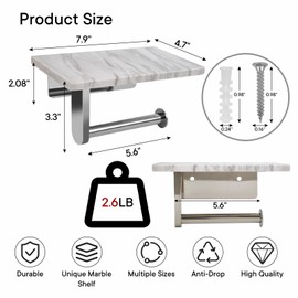Nodafuer Toilet Paper Holder with Natural Marble Shelf for Bathroom Washroom,Wall Mounted Tissue Holder Suitable for Mega Roll (Brushed Nickel, Middle 7.87 * 4.72 in)