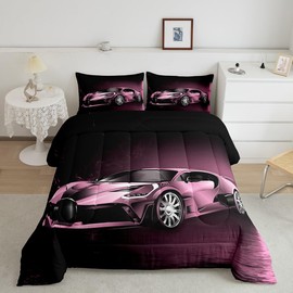 Feelyou Sports Comforter Set Pink Race Car Theme Bedding 3Pcs Luxury Car Decor Quilt Set with 2 Pillowcases Full Size