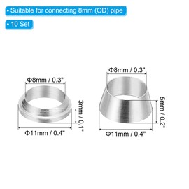 PATIKIL 8mm Tube OD 304 Stainless Steel Compression Tube Fitting Sleeve, 20 Pack Double Ferrule Ring Tubing Fitting Assortment Kit, Silver