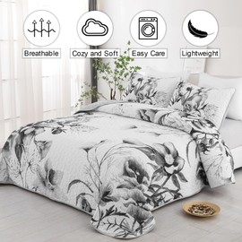 Floral Quilt Set Queen 3 Pieces Grey Floral Quilt Coverlet Set Soft Microfiber Lightweight White Quilted Bedspread for All Season 90"x96"