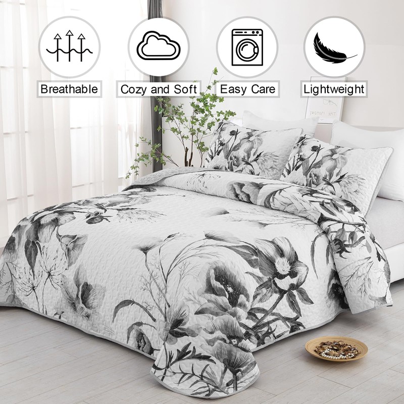 Floral Quilt Set Queen 3 Pieces Grey Floral Quilt Coverlet