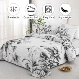 Floral Quilt Set Queen 3 Pieces Grey Floral Quilt Coverlet Set Soft Microfiber Lightweight White Quilted Bedspread for All Season 90"x96"