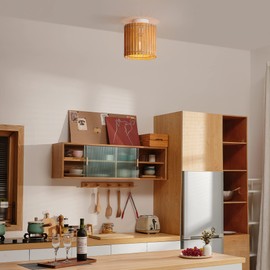 Globe Electric 65898 1-Light Flush Mount Ceiling Light, Matte White, Natural Bamboo Shade, Bulb Not Included