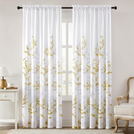 HOMEIDEAS Non-See-Through Gold and White Privacy Sheer Curtains 52 X 96 Inches Long 2 Panels, Leaf Floral Printed Light Filtering Semi Sheer Window Curtains Drapes for Bedroom Living Room