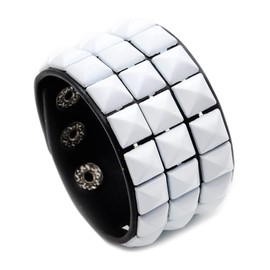 PEAS Punk Jewelry Pyramid Studded Wristband Rivet Wide Pu Leather Cuff Bracelet(White)