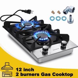 Eascookchef Gas Cooktop 12" Black Tempered Glass 2 Burners Built-in Hob NG/LPG Convertible