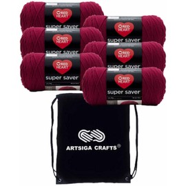 Red Heart Super Saver Burgundy E300B-376 (6-Skeins - Same Dye Lot) Worsted Medium #4 Acrylic Yarn for Crocheting and Knitting with Project Bag