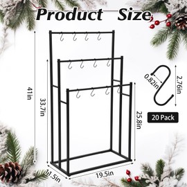 MorningRo 3 Tier Christmas Stocking Holder Stand for Floor, 20 Hook Stocking Hanger Rack, Black Holiday Display Decoration Holder, Heavy Duty Metal Tubes with Removable Adjustable Hook