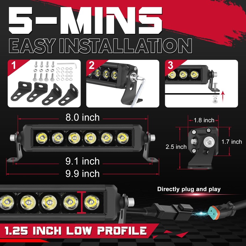 OFFROADTOWN 8 inch 120W LED Light Bar Single Row LED