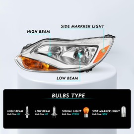 TUSDAR OEM Headlight Assembly Replacement for 2012 2013 2014 Ford Focus Factory Halogen Headlamp Pair Set (Chrome Housing with Amber Reflector)