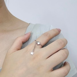 Niaspi Dainty Tassel Finger Rings for Women Silver Plated Minimalist Double Love Heart Star Adjustable Threader Tassel Chain Drop Dangle Stacking Ring Polished Statement Jewelry BFF (Star)