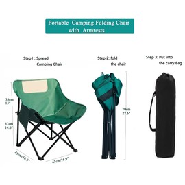 DFXIU Portable Moon Camping Folding Chair,Ultra Lightweight Camping Chair for Adults, Foldable Garden Outdoor Picnic BBQ Chairs Armrests Pockets Carry Bag, Green L(70x43x43x37CM)
