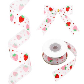Pastel Red and Pink Strawberries with Polka Dot Grosgrain Ribbon, 1 inch x 10 Yards Fruits Ribbon for Spring and Summer Wreaths, Crafts, Trims, Hair Bow Making, Gift Wrapping (Pink)