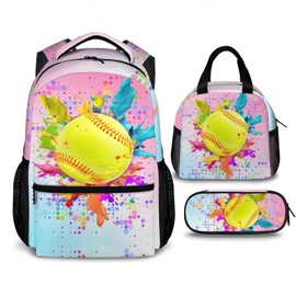 Homexzdiy Kids Backpack with Lunch Box Set for Boys Girls, 3 in 1 Softball School Backpacks Matching Combo, Cool Pink Bookbag and Pencil Case Bundle