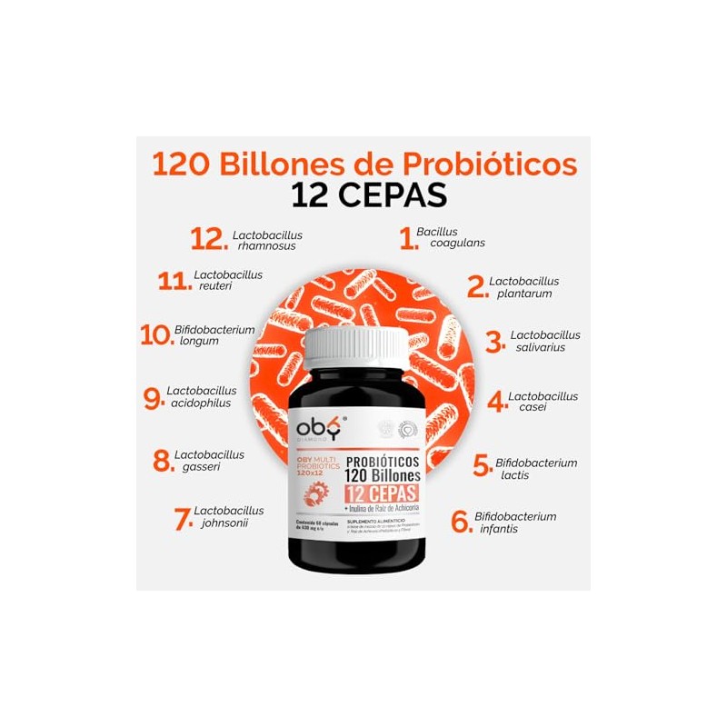 Probioticos 120 Billones de 12 Cepas + Prebioticos. OBY MULTI