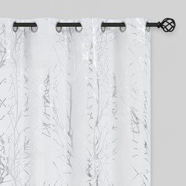 FMFUNCTEX Linen Semi Sheer Curtains for Living Room, Silver Foil Curtains 84 Inches Long for Bedroom, Silver Metallic Print White Tree Panel for Windows, Light Filtering Curtains Grommet Top 2 Panels