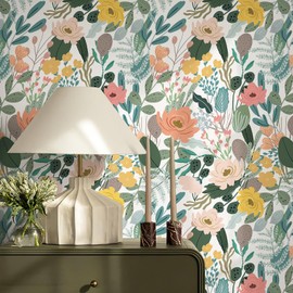 HueBurst Pink Floral Peel and Stick Wallpaper,Colorful Floral Wallpaper for Living Room, Navy Crayon Floral Peel and Stick Wallpaper 17.3 * 472 Inches (White-12M)