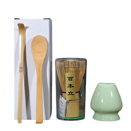 Handcrafted Bamboo Matcha Whisk Set 4 Piece Includes Traditional Tea Spoon Matcha Spoon and Ceramic Matcha Stand Perfect Matcha Tea Set for Tea Enthusiasts Japanese Tea Accessories（Green）