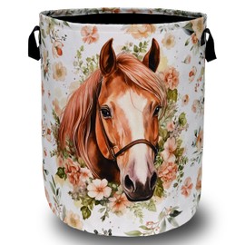 Watercolor Horse Laundry Basket Foldable With Handles Cute Animal Floral Tote Bag Universal Oxford Cloth Colorful Laundry Hamper Clothes Toy Storage Bucket For Bathroom/Laundry/Bedroom 18.9" x 16.5 "