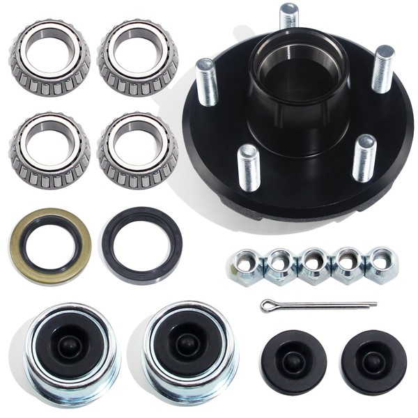 GREPSPUD 2Sets 5 on 4.5'' Trailer Hub Kits for 2000lbs 1'' or 1-1/16'' Straight Axle, 5 Lug Trailer Idler Hub Kit 5 Bolt on 4-1/2 Inch, Fits 1'' and 1-1/16'' Spindle, with Extra Dust Cap & Rubber Plug