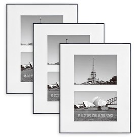 GOmaize Front Loading Black Picture Frame Set of 3,Display pictures two 5x7 with mat or 11x14 without mat,Wall Mounting