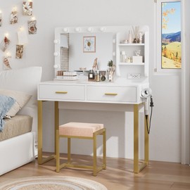 Smuxee Vanity Desk with Power Outlet and 10 LED Lights, White Makeup Vanity with Mirror and 2 Drawers, 3 Lighting Modes Makeup Desk, Madeup Table for Bedroom