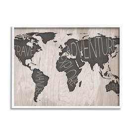 Stupell Industries Travel Wander Explore Rustic World Map Grain Pattern, Designed by Sd Graphics Studio White Framed Wall Art, 20 x 16, Beige