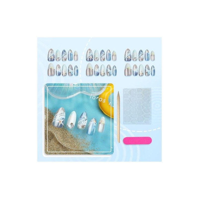 30 uñas postizas de verano para playa, estilo almendra, estilo
