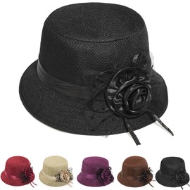 Initlove Womens Cloche Hats Vintage Bowler Hat Floral Bucket Hat for Wedding Party Black