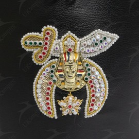 UK EMPIRE GROUP Premium Masonic Shriner Fez Hat Case Black Leather – Dual Emblems Front & Top (Rhinestones Hand Embroidery) with Shoulder Strap