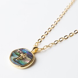 Lenny & Eva Faith Over Fear Cross Necklace Gold Plated 8.5mm, 20 inches (Abalone Cross)
