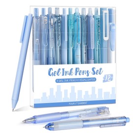 Four Candies 12Pack Pastel Gel Ink Pen Set, 11 Pack Black Ink Pens with 1Pack Highlighter for Writing, Retractable 0.5mm Fine Point Gel Pens, Cute Note Taking Pens for School Office (Blue)