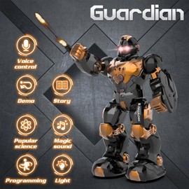 STEMTRON Robot Toys for Kids, Programmable Remote Control Robot with Intelligent Gesture Sensing, Recharge, Singing & Dancing Mode, Launcher (Brown)