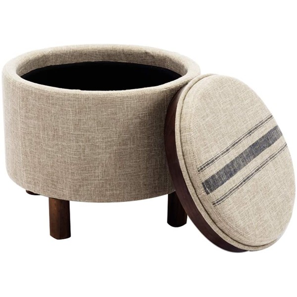chairus Round Storage Ottoman with Tray, Small Footrest with Blue Striped Lid & Wood Legs, Beige
