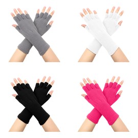 VEGCOO 4 Pairs Knitted Half Finger Gloves, Winter Thermal Gloves Warm Soft Knit Typing Gloves, Half Fingers Mittens per Girls Ladies (B)