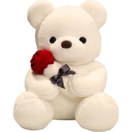 Bocguy Teddy Bear Plush, 35 cm Teddy Bear with Rose, Stuffed Toy Decorative Room Cushion for Christmas, Valentine's Day, Birthday Home Decoration (35 cm, White)
